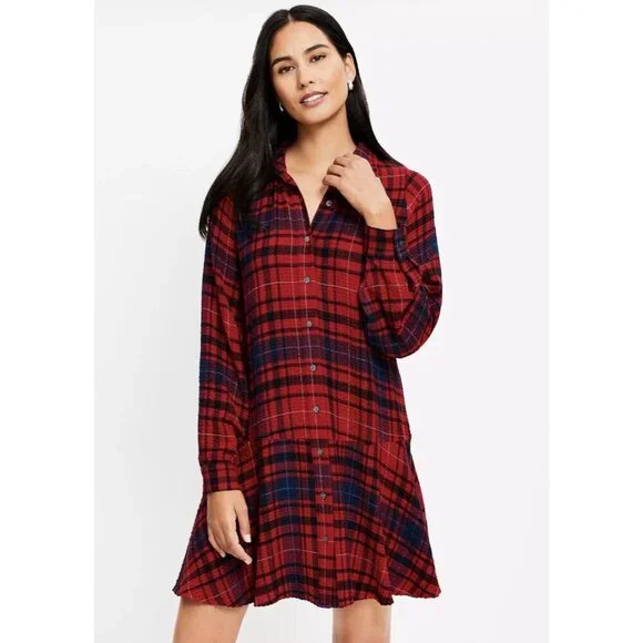 Loft Plaid Mini Shirt Dress Long Sleeve Size Small NWOT Red - Picture 2 of 14